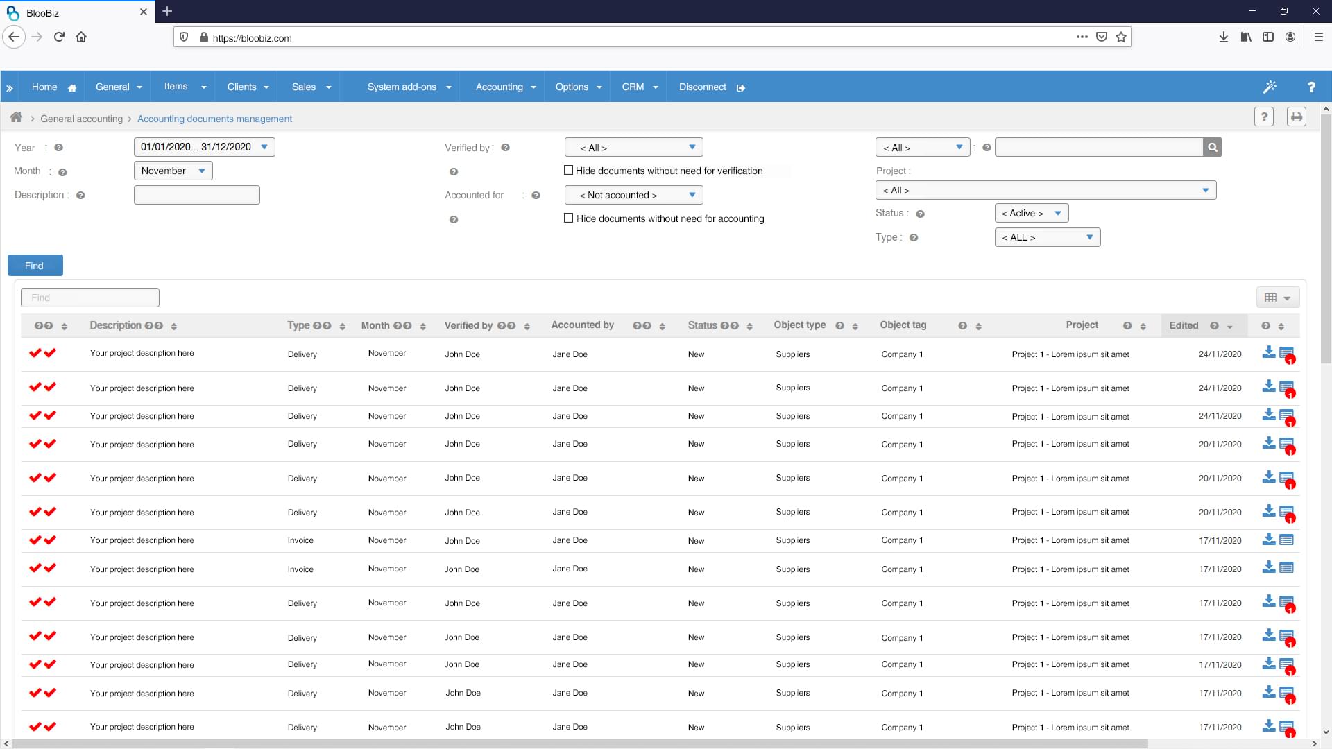 Accounting documents management screen